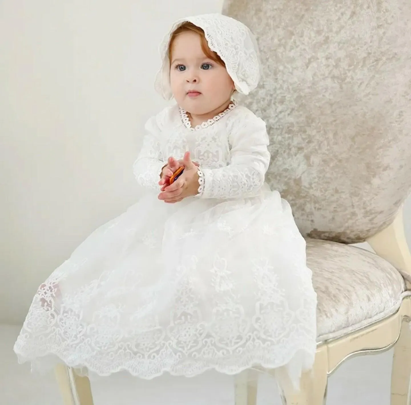 Baby Girls Long Sleeve Classic Christening Gown, Baptism Dress Bonnet Set - Jane