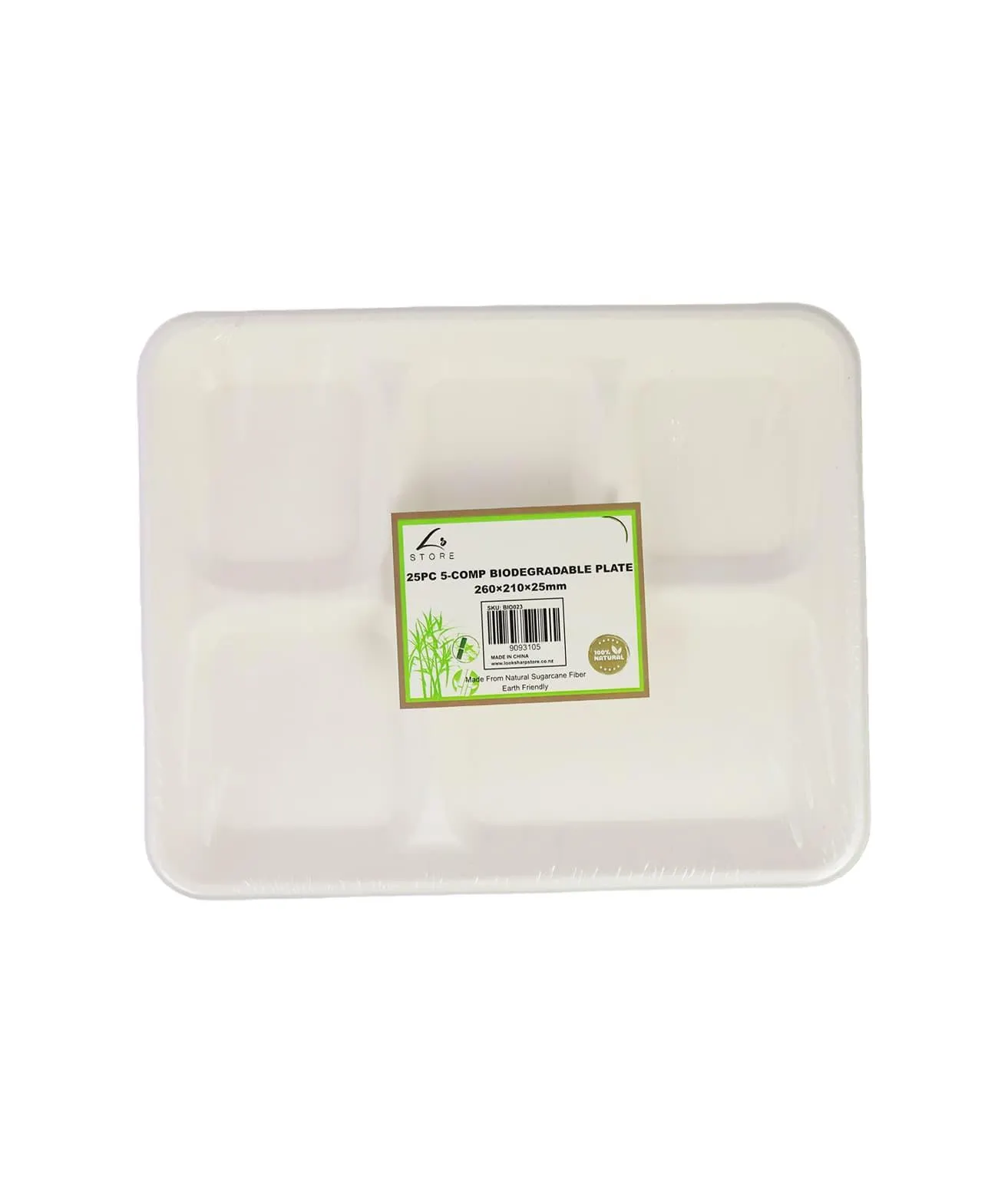 5 Section Biodegradable Plates 25pc 260 x 210 x 25 mm