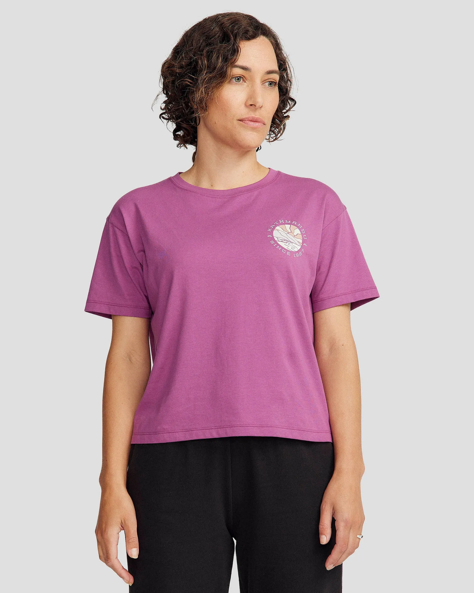 Women's Kathmandu Logo Sunburst Organic Cotton T-shirt - Washed Berry