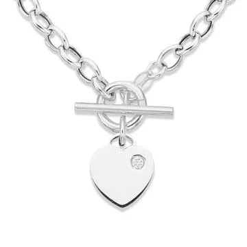 Sterling Silver Oval Belcher With Cubic Zirconia Heart FOB Necklet