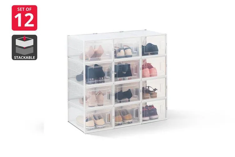 Ovela Set of 12 Click Shoe Storage Box (Medium, Clear/White)