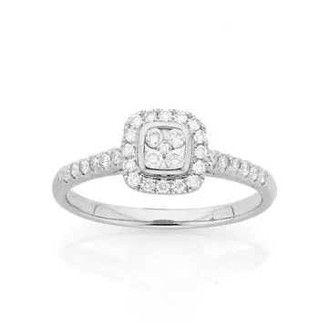 9ct White Gold, Diamond Cushion Shape Ring