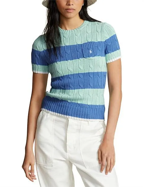 STRIPED CABLE-KNIT COTTON SWEATER