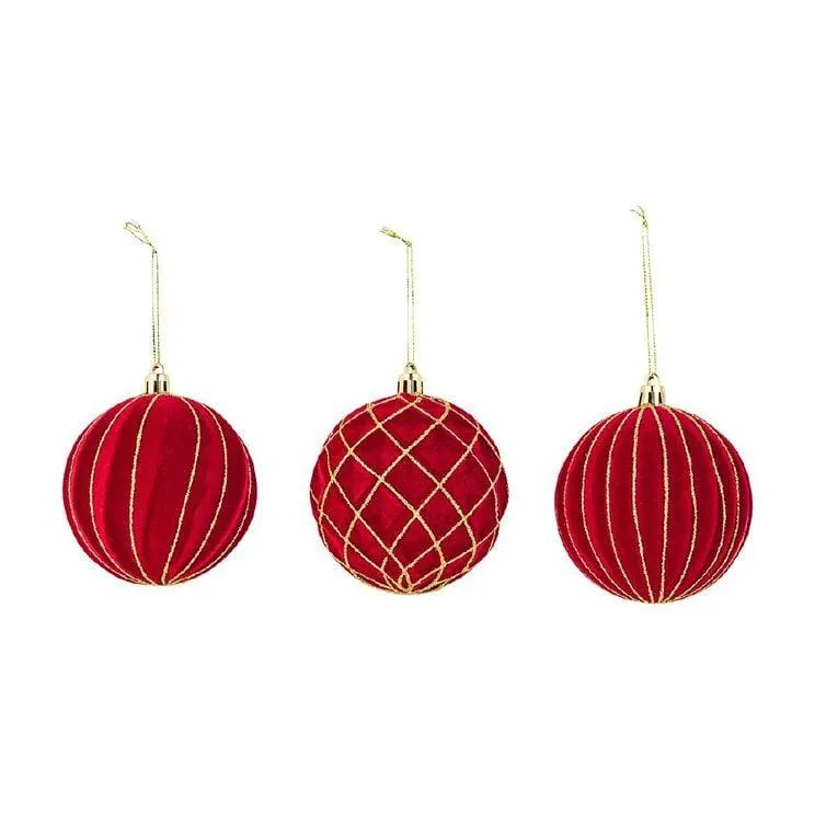 Wonderland Joyful Tidings Flocked Christmas Baubles 8cm Assorted 3 Pack