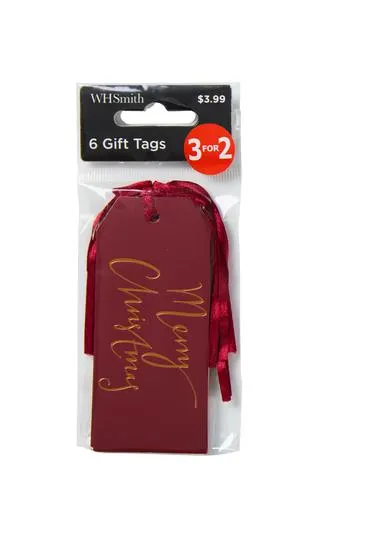 WHSmith Gift Tags Merry Christmas Dark Red Pack of 6