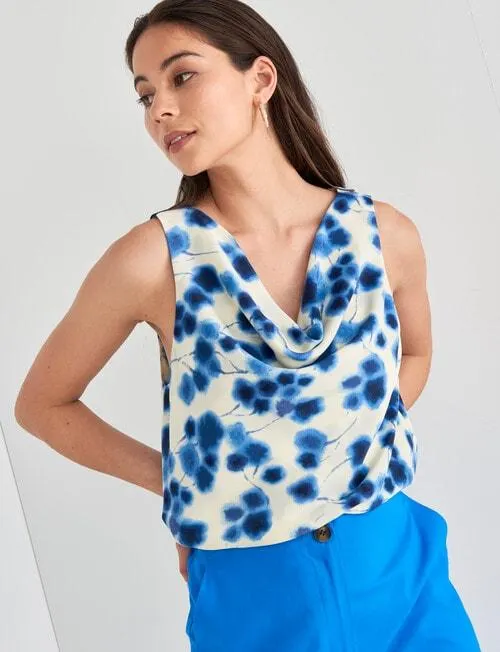 Whistle Printed Cowl Neck Tank Top, Azure
