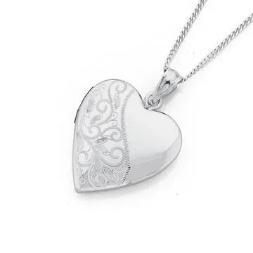Silver 20mm Half Engraved With Diamond Heart Locket