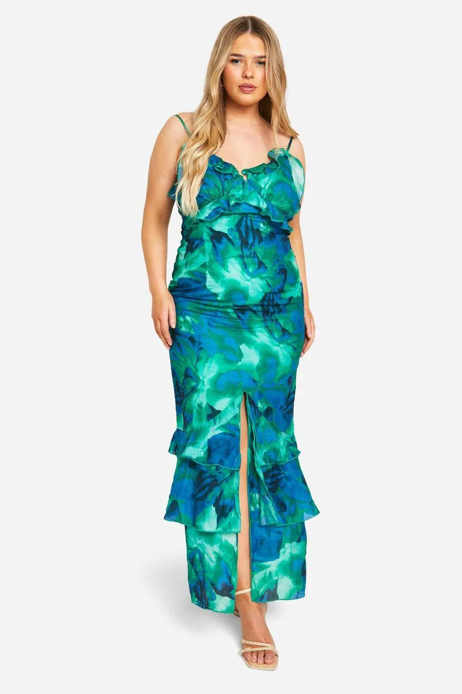 Plus Abstract Floral Ruffle Maxi Dress