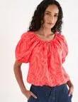 Zest Linen Lotus Floral Puff Sleeve Top, Coral