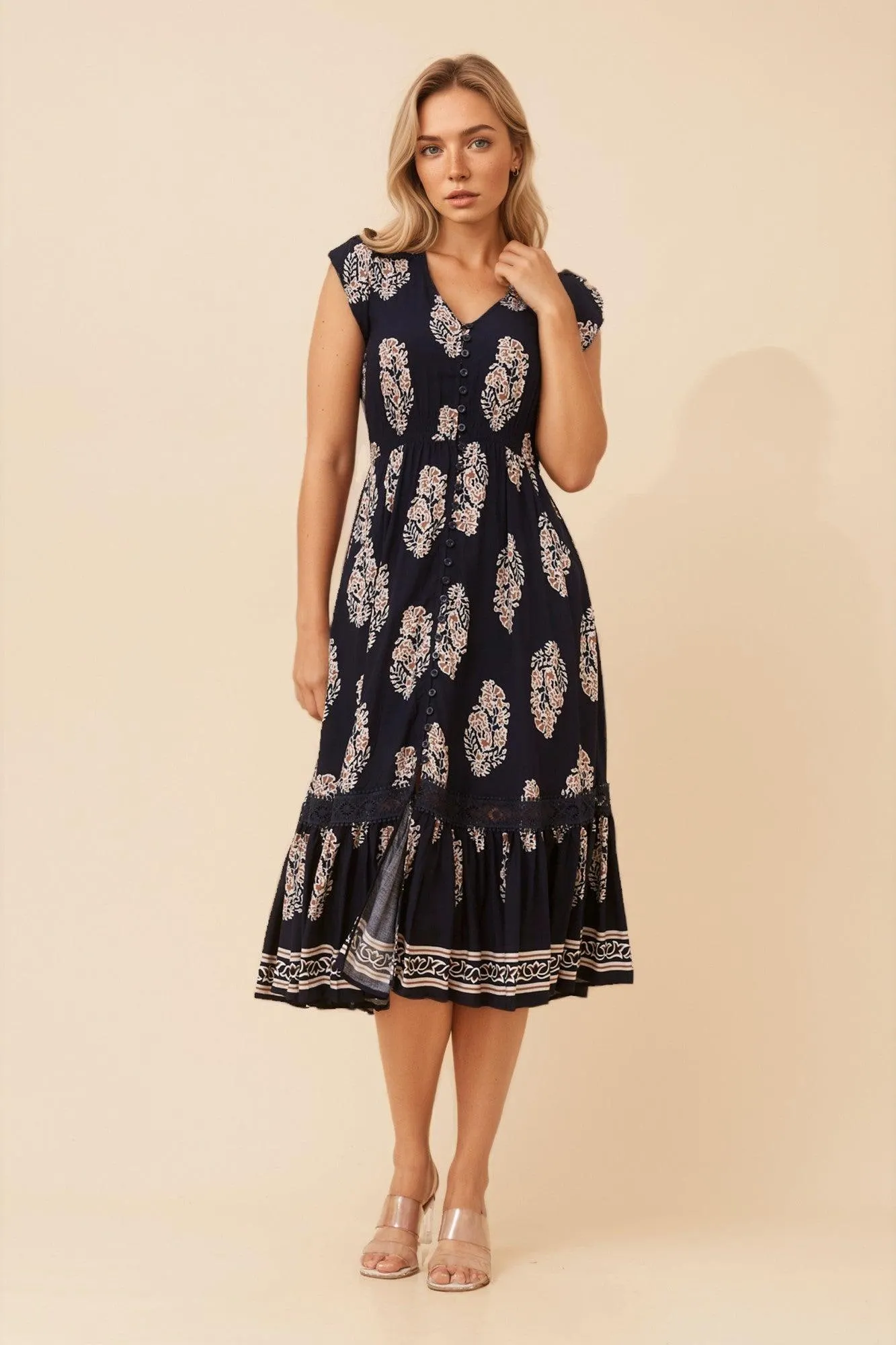 MOROCCO BORDER PRINT MIDI DRESS