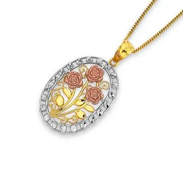9ct Tri Tone, Triple Rose Oval Pendant