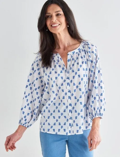 Ella J Embroidered Shirt, Blue & White