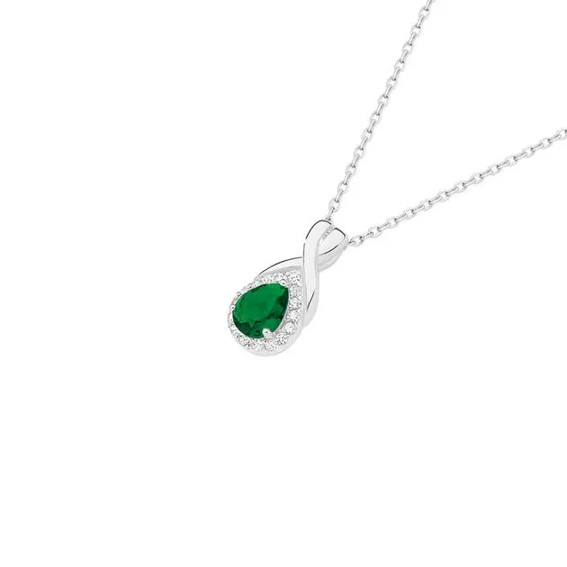 Silver Green Glass Pear & CZ Frame Pendant