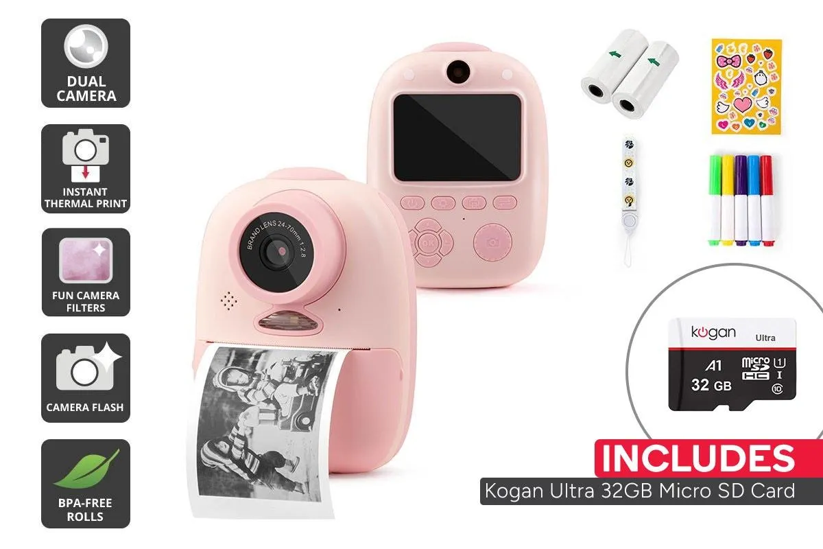 Kogan Kids Instant Print Digital Camera (Pink) + 32GB Micro SD Card