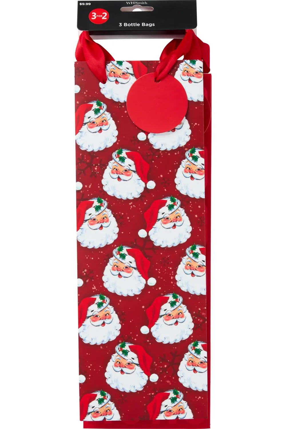 WHSmith Red & White Santa Foil Bottle Bag Pack of 3