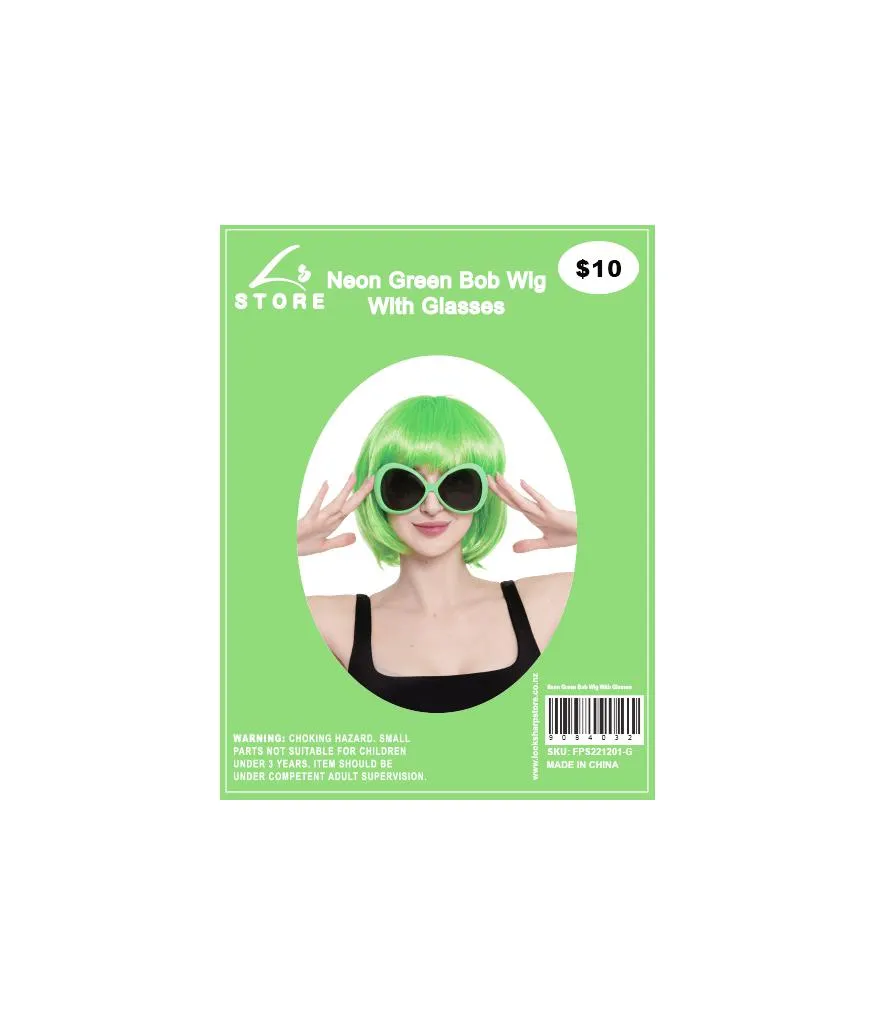 Neon Green Bob Wig With Glasses Set
