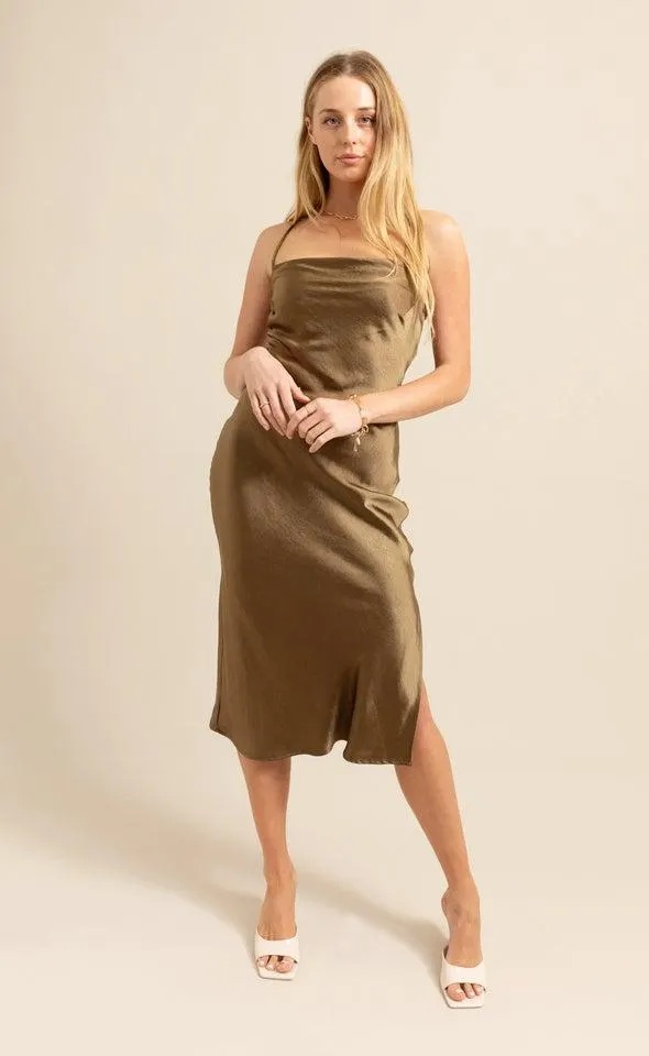 Satin Low Cross Back Midi Dress