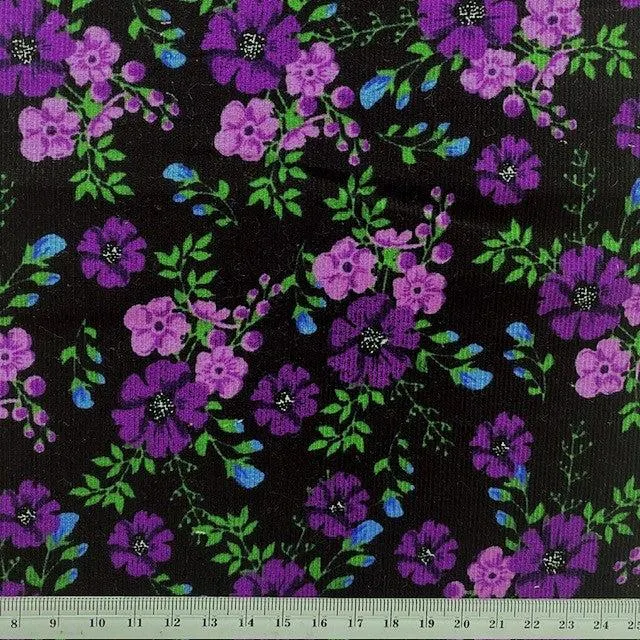 Printed Corduroy Fabric, Magenta Flowers- Width 114cm