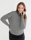 North South Merino Stripe Drop Shoulder Roll Neck Jumper, Black & Ivory