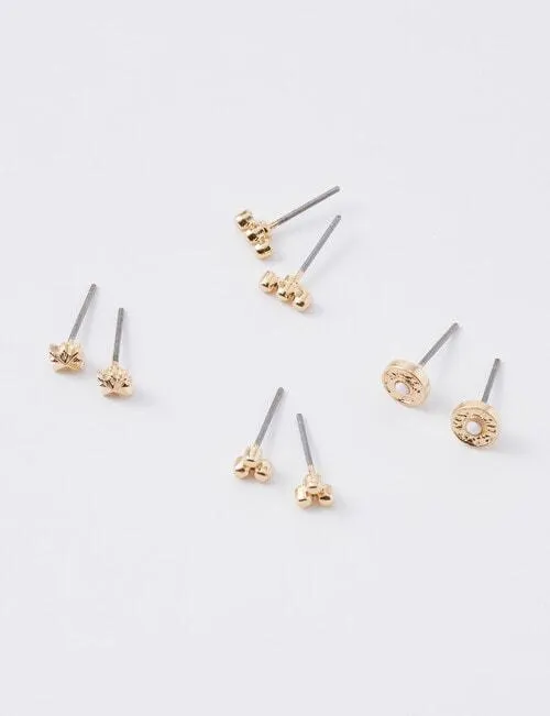Whistle Accessories Detailed Stud Earrings, 4-Pair Set, Imitation Gold