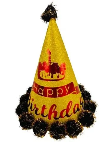 Glittered Birthday Cone Hat w/pompom Gold