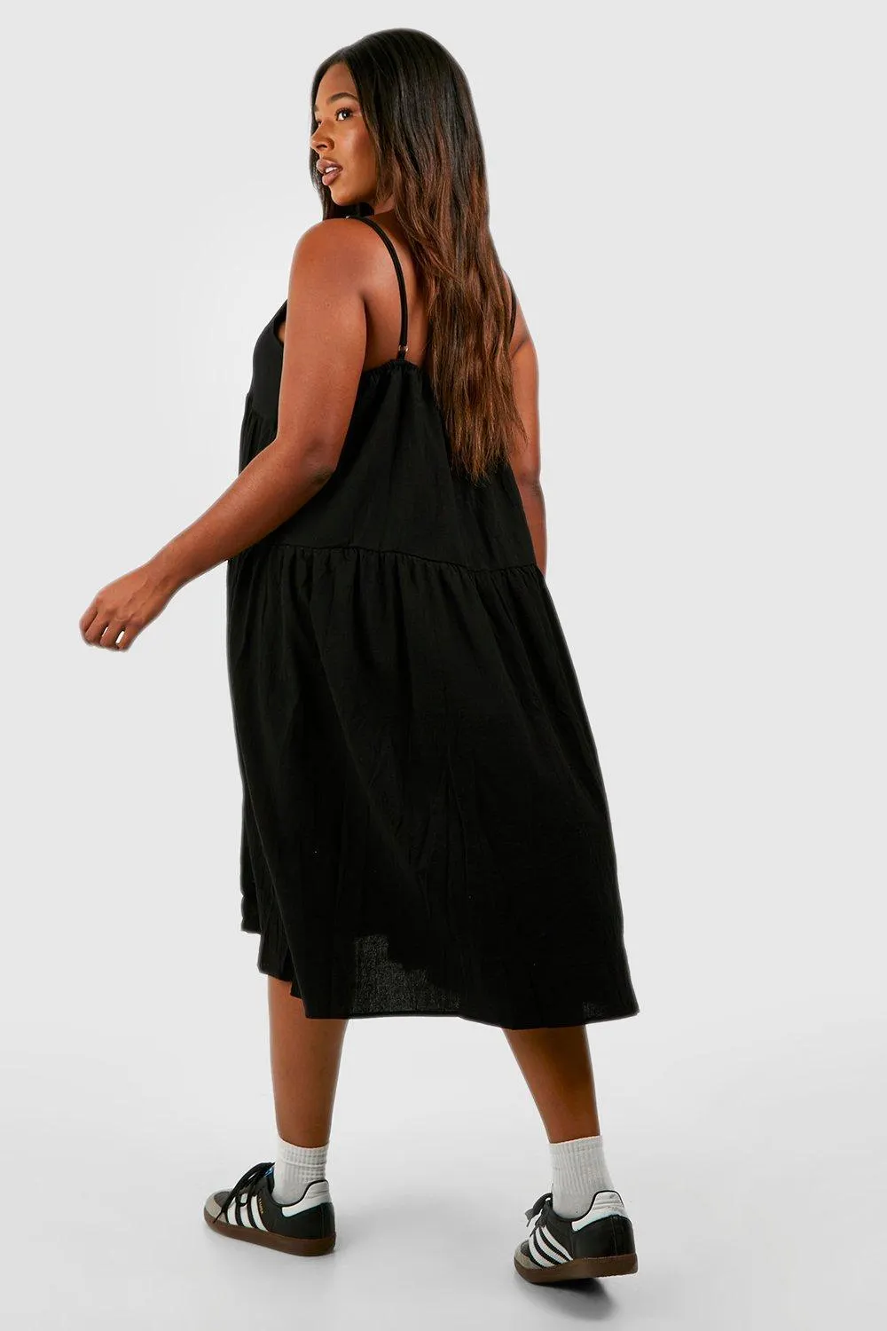 Plus Linen Strappy Tiered Midi Smock Dress