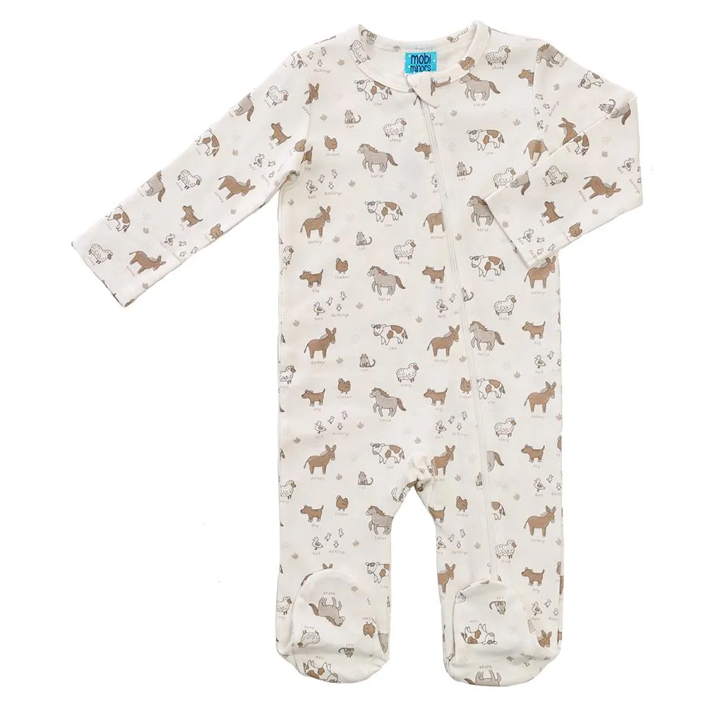 Mobi Minors Zip Growsuit With Feet Farm Animals