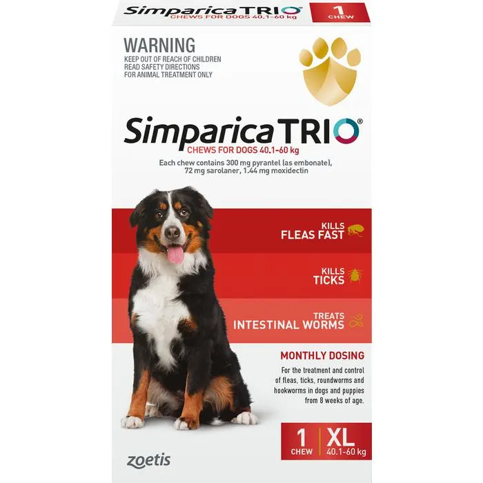 Simparica Trio Flea Tick & Worm Treatment 40.1kg-60kg - 1 Pack