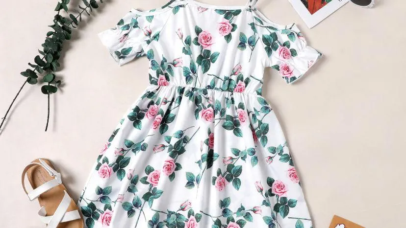 Girl Floral Print Cold-shoulder dress