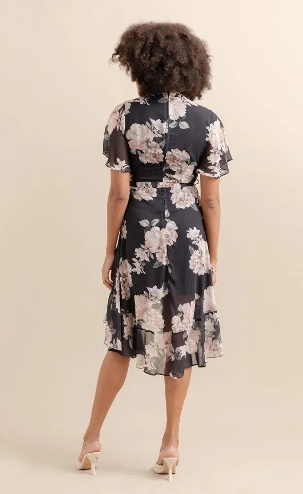 Chiffon Flutter Wrap Midi Dress