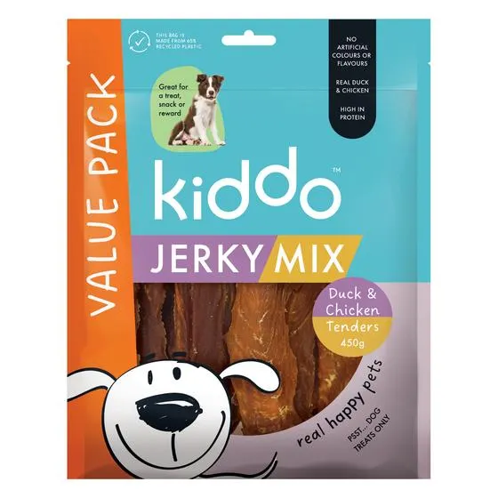 Kiddo Dog Treats Chicken & Duck Tenders Jerky Mix Value Bag 450g