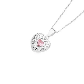 Pink Cubic Zirconia Filigree Heart Locket in Sterling Silver