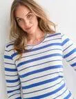 North South Merino Stripe Long Sleeve Round Neck Top, Gentian Blue & New White