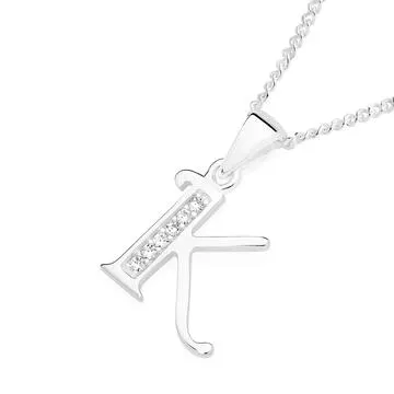 Sterling Silver Cubic Zirconia Initial K Letter Pendant