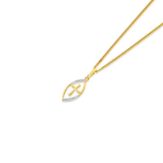 9ct, Diamond Set Cross in Marquise Pendant