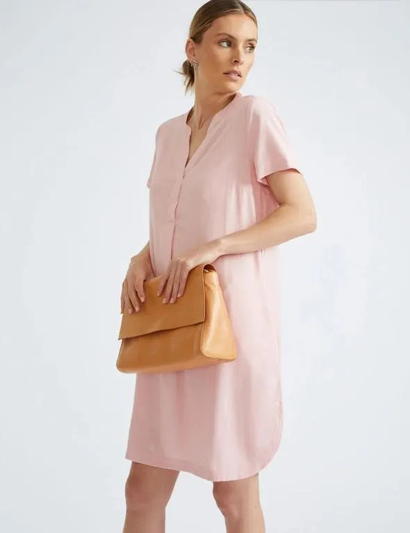 Katies Short Sleeve Split Neck Linen Blend Shift Dress