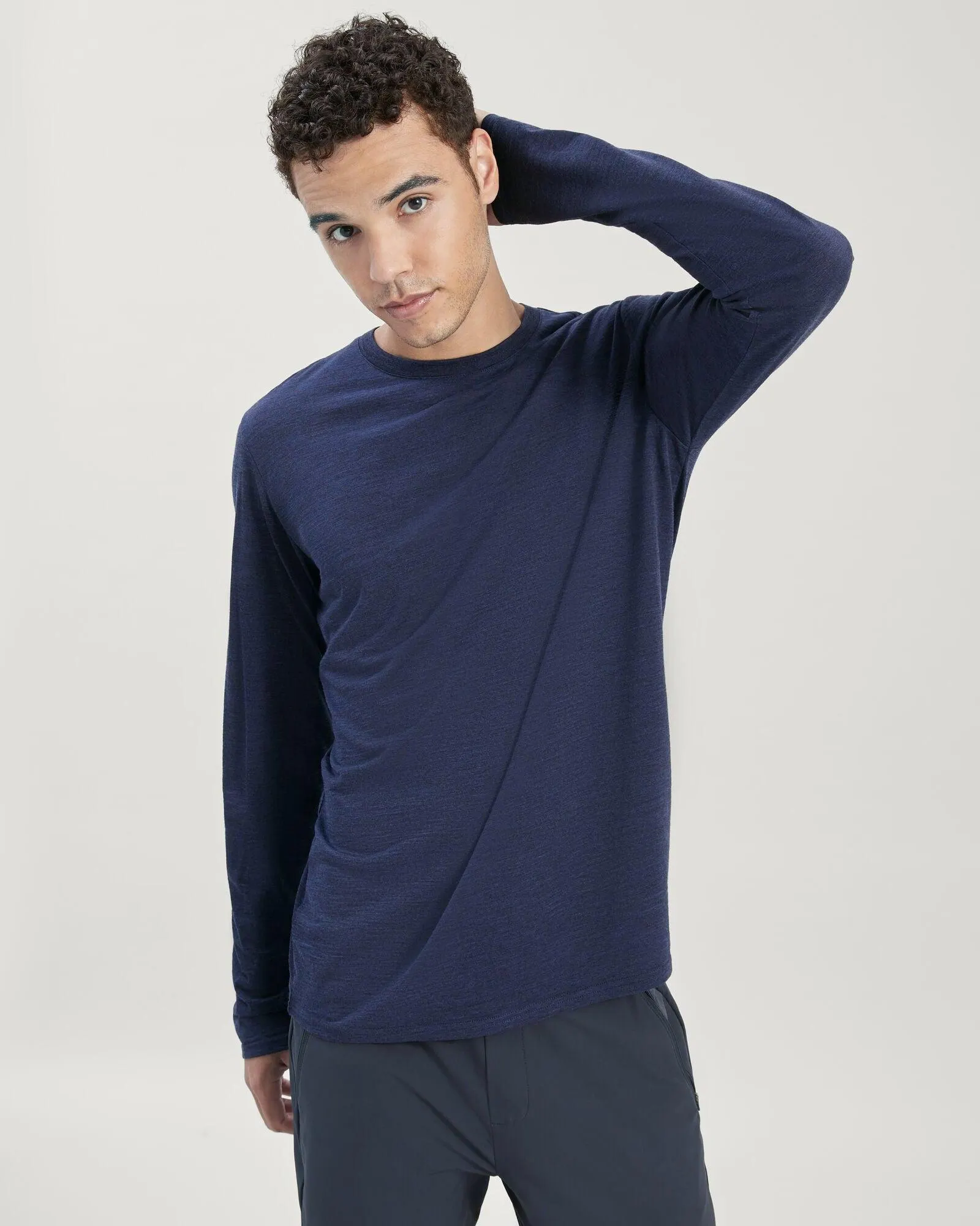 Men's 100% Merino Long Sleeve Crew Top - Midnight Navy Marle