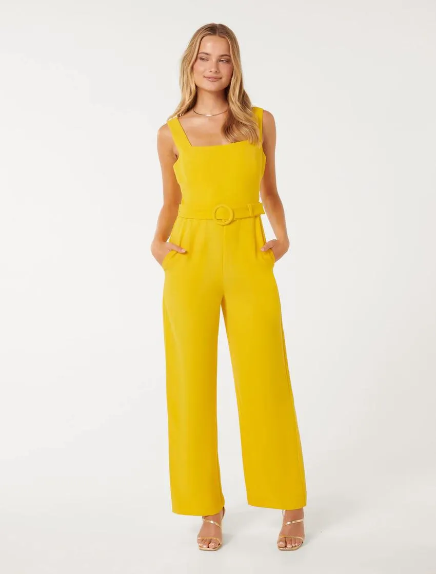 Marie Square-Neck Belted Jumpsuit