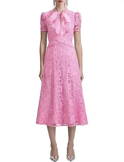 PINK CORD LACE CROSSOVER MIDI DRESS
