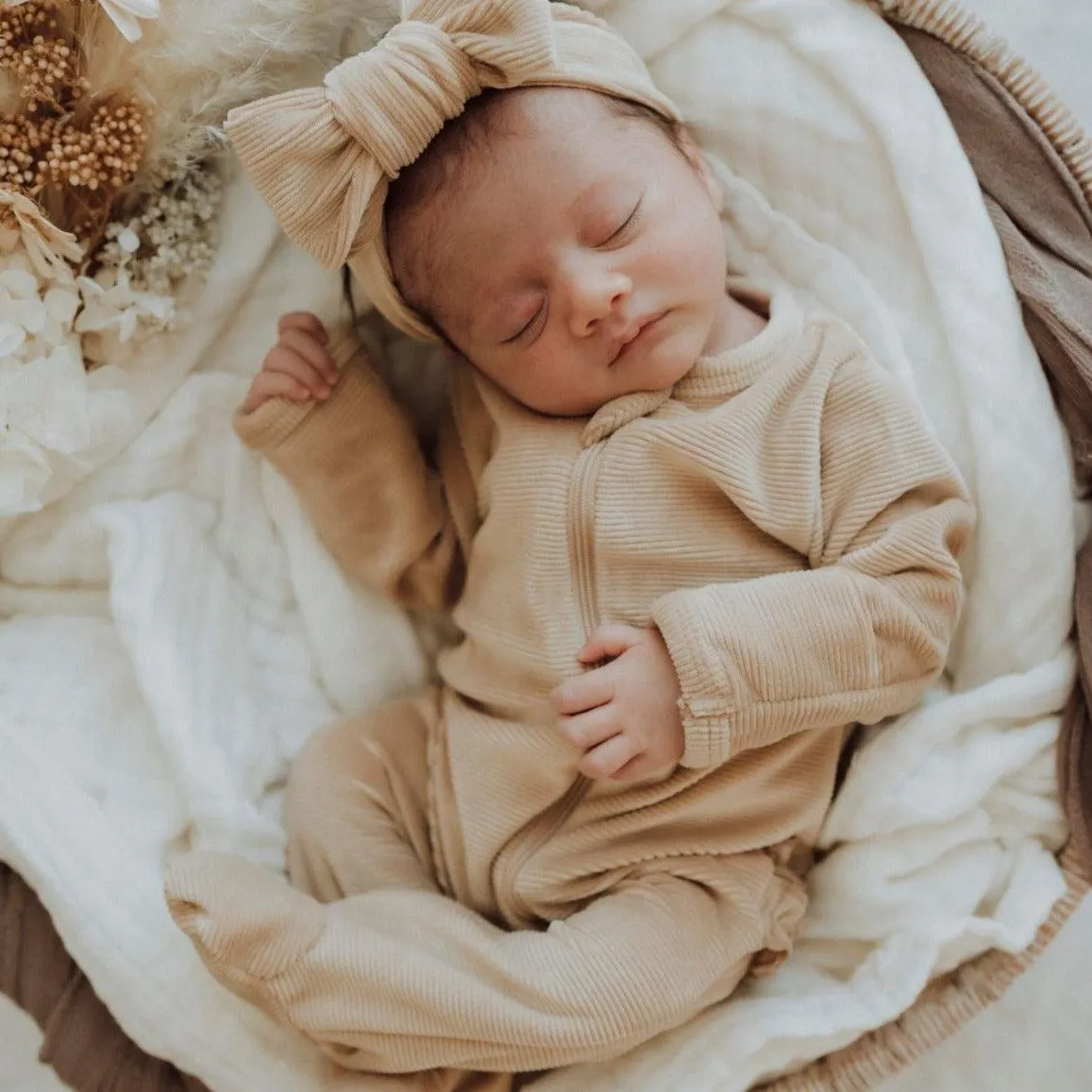 My First Outfit - Corduroy Flutter Bum Footed Overalls & Topknot Set - Cashew