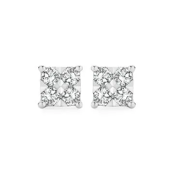 9ct White Gold, Diamond Square Shape Stud Earrings