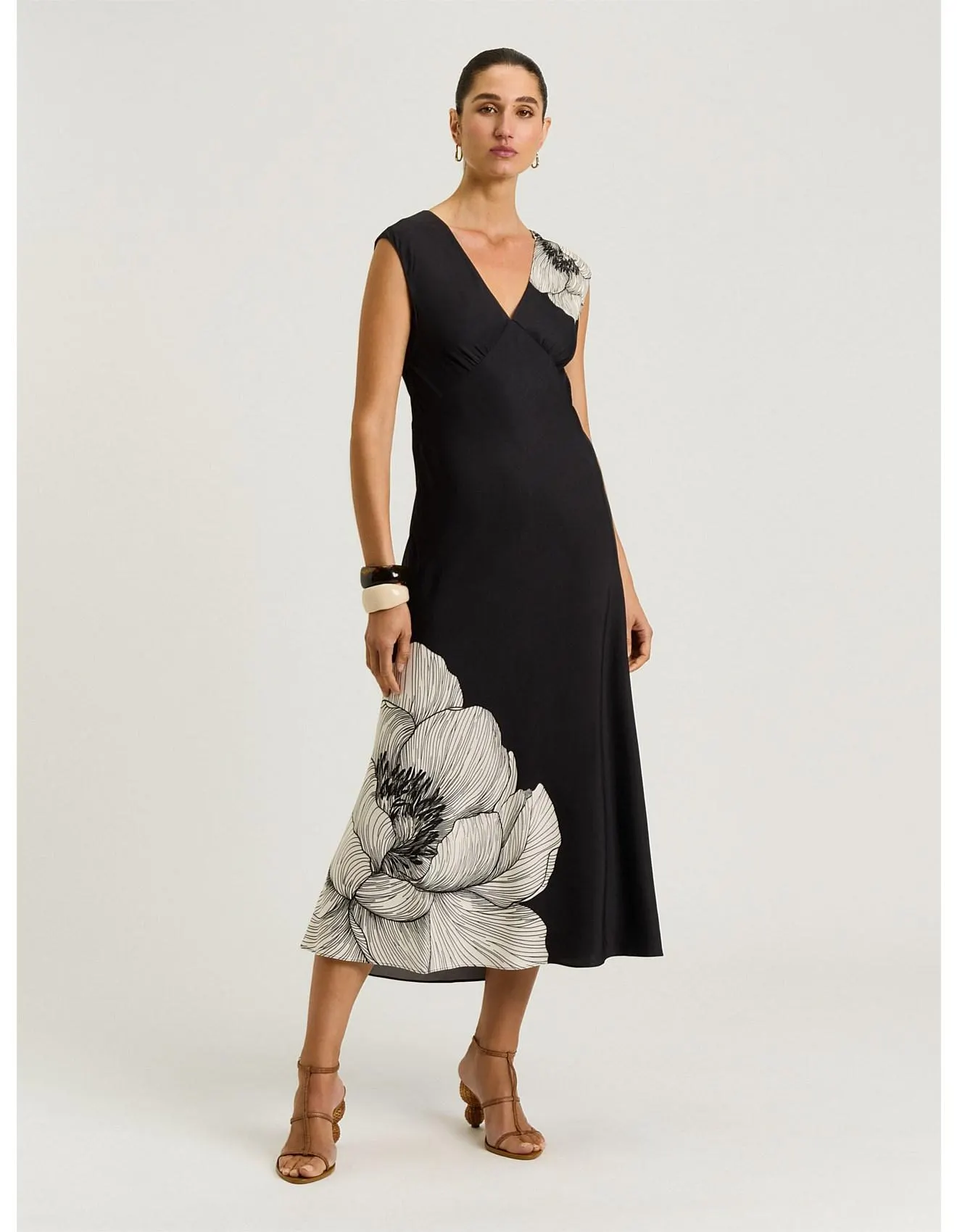 BLACK POPPY TWILL V NECK MIDI DRESS
