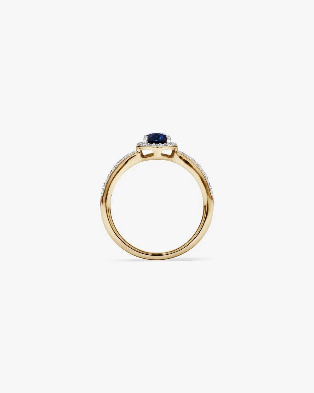 Oval Cut Blue Created Sapphire and Lab-Grown Diamond Halo Ring in 10kt Yellow Gold and Rhodium