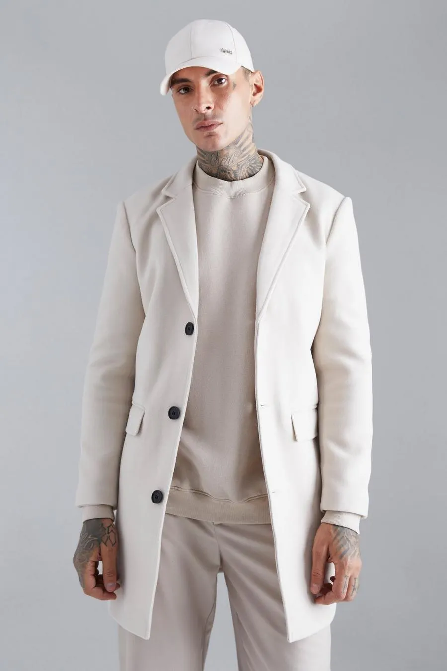 Single Breasted Wool Look Overcoat in Beige