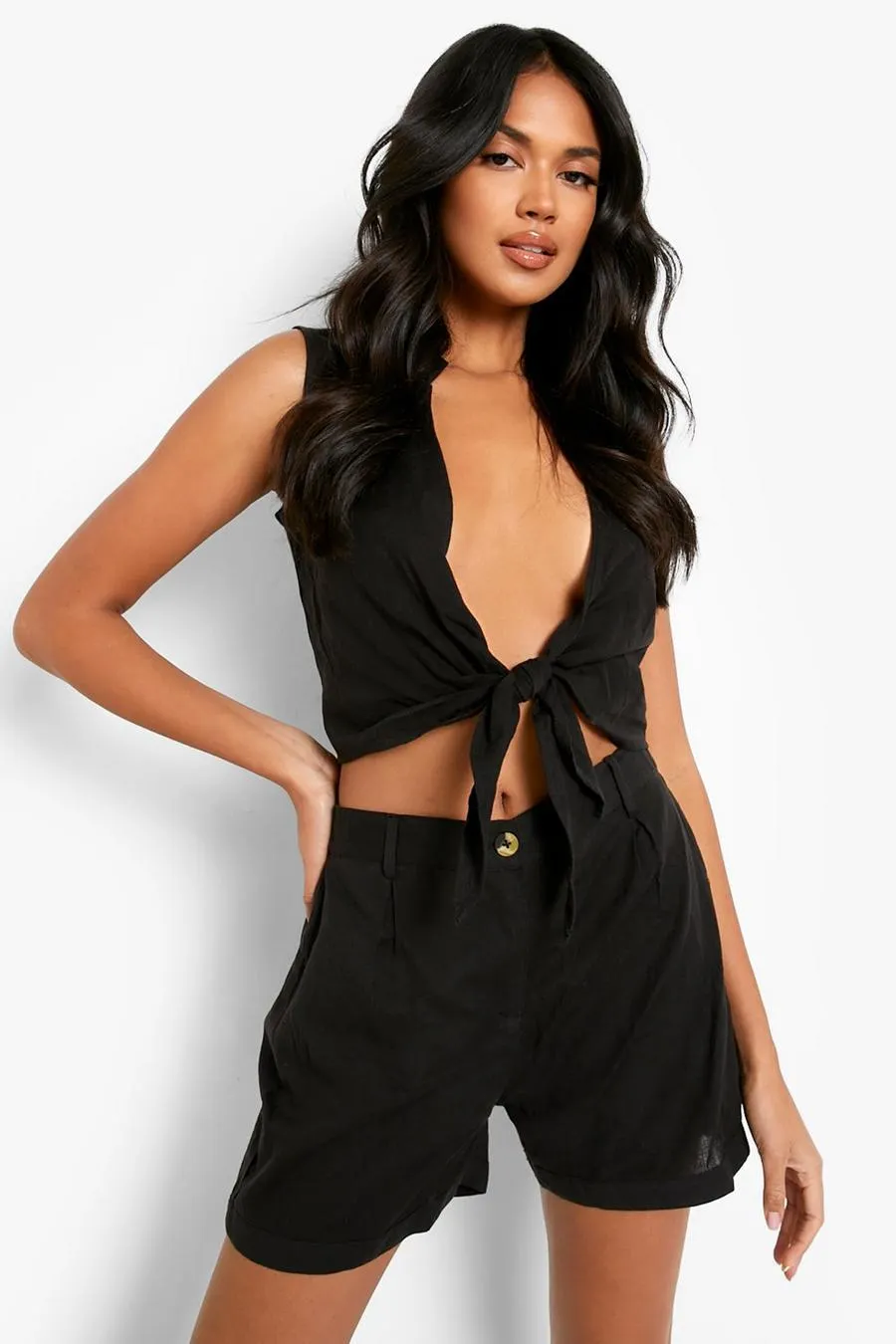 Linen Look Sleeveless Knot Shirt & Shorts