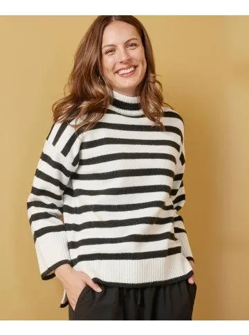 Women's Stripe High Neck Jumper in White/black