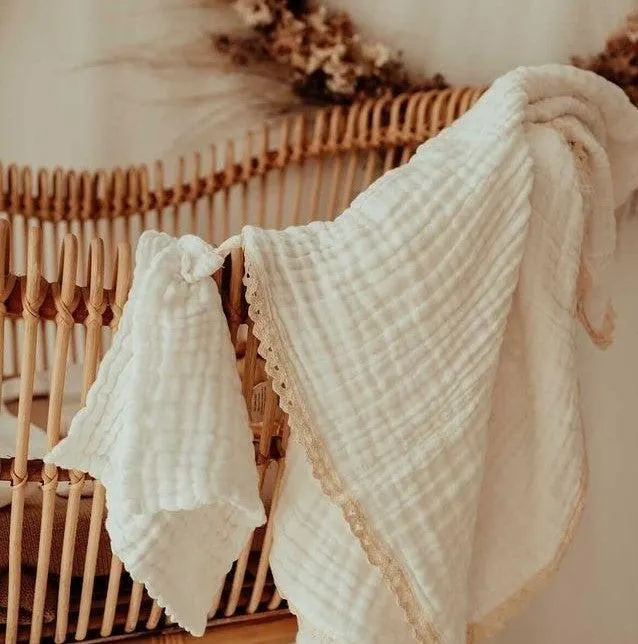 Organic Cotton Gauze Blanket - Laced Edge & 2 Pack Wash/Burp Cloth Bundle