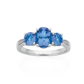 9ct White Gold, Three Stone Tanzanite & Diamond Ring