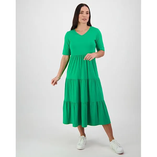 V Neck Tiered Dress Kelly Green