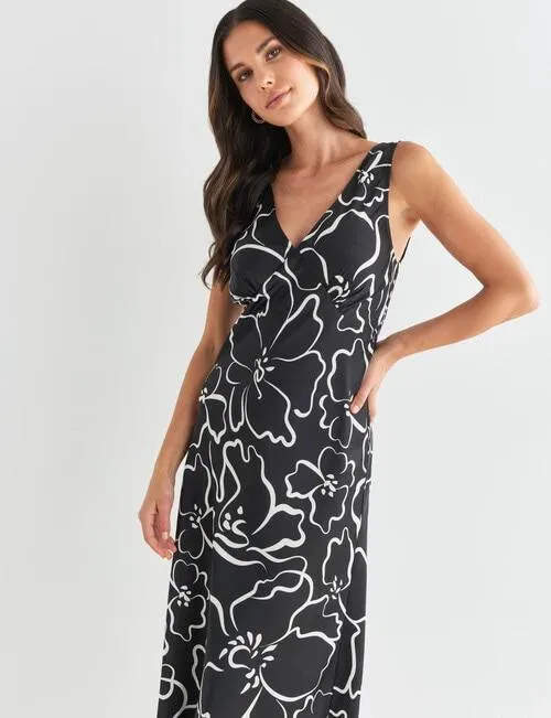 Whistle Floral V Neck Bias Slip Dress, Black & White